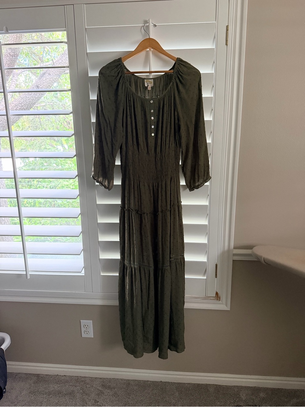 Anthropologie Fig and Flower Olive Green Tiered Maxi Dress with Button Front XL